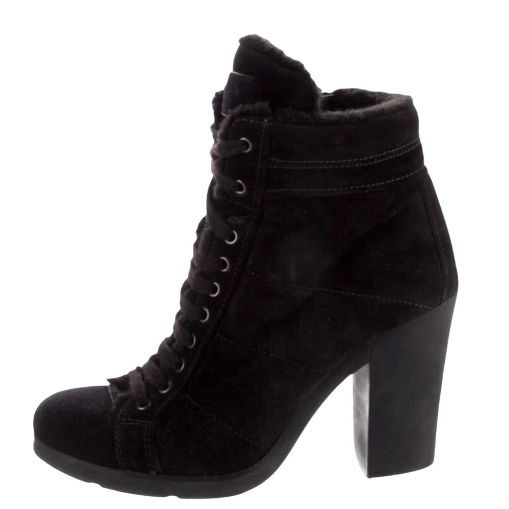 Prada Suede Faux Fur Trim Lace-Up Side Zip Black Ankle Boots | Size 10